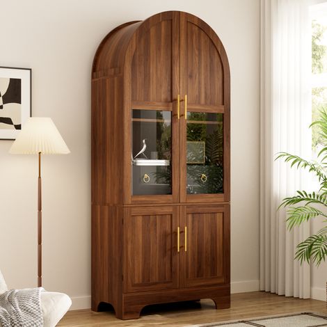 Vitrine Haute Arquée 76 x 180 cm avec LED, 4 Portes dont 2 en Verre Trempé, 1 Tiroir, MDF et Panneaux de Particules - Effet Noyer (1/5)