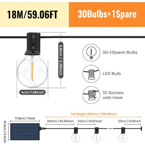 (18 m 31 LED) Guirlande lumineuse solaire d'extérieur, lampes de jardin G40, résistante aux intempéries, convient aux cours arrière. (1/5)