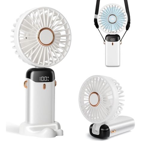 Ventilateur portable - 3200 mAh, autonomie 12 heures - Écran LED - Pliable - 5 vitesses - Utilisation personnelle (main, cou, bureau) 3 en 1 - Blanc - 1 pièce (1/5)