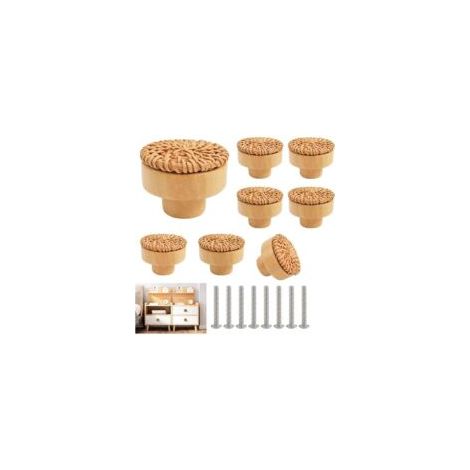 Ede Poignées et boutons pour meubles de cuisine en rotin, poignées de porte, poignées de tiroir, poignées de tiroir rondes en bois, pour cuisine, chambre, commode, placards, remplacement de portes - R (1/5)