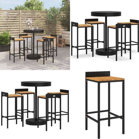 5-tlg. Gartenbar-Set Schwarz Poly Rattan & Massivholz Akazie - Gartensitzgruppe - Gartenbar - Outdoor Möbel - Poolparty Deko - Lounge Bereich - Home & Living