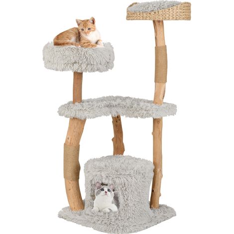 Tour à chat en bois massif avec panier en quenouilles au sommet, lit pour chat - gris (1/5)