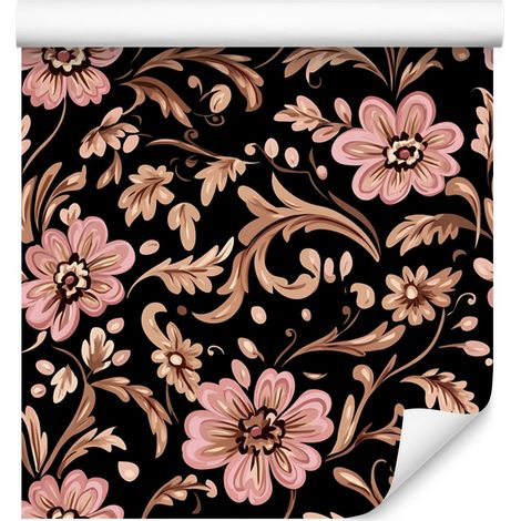 Papier peint fleuri aux tons noirs, rouille et orange pour salon et chambre 50x1000 (1/5)