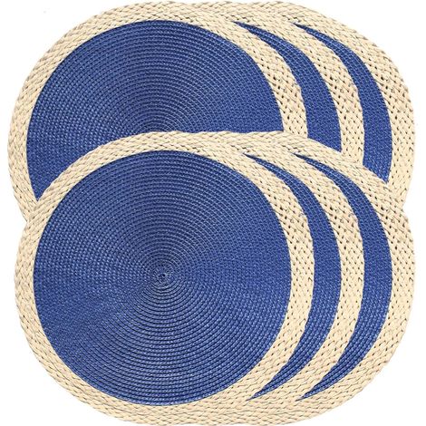 Lot de 6 napperons ronds tressés - sets de table lavables résistants à la chaleur pour table de salle à manger, antidérapants, pour intérieur et extérieur, pour Pâques (01 Beige bordure'Bleu (01) 6 pc