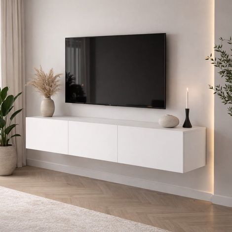 Schwebender TV-Schrank aus weißem Melamin – 150 x 30 cm – West (1/5)
