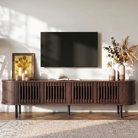 Meuble TV 178 cm avec 4 Portes Persiennes, avec passe-câbles, Passage de Câbles Buffet Bas Rétro Salon, Meuble Télé Noyer