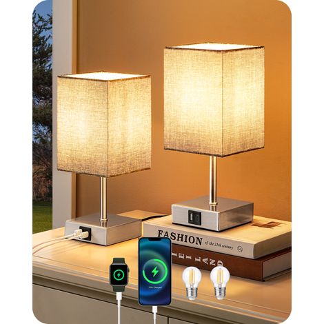 EDISHINE LED Nachttischlampe Touch Dimmbar 2er Set, Tischlampe Modern, Kleine Lampe, mit Ladefunktion, 2 USB Anschlüsse, für Deko Schlafzimmer, Wohnzimmer, Fensterbank, Geschenk, Grau Lampenschirm