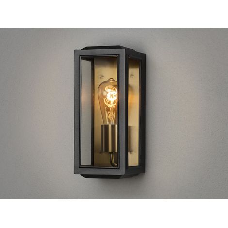 Schmale Außenwandlaterne CARPI Schwarz-Messing mit Klarglas, Höhe 30cm (1/5)