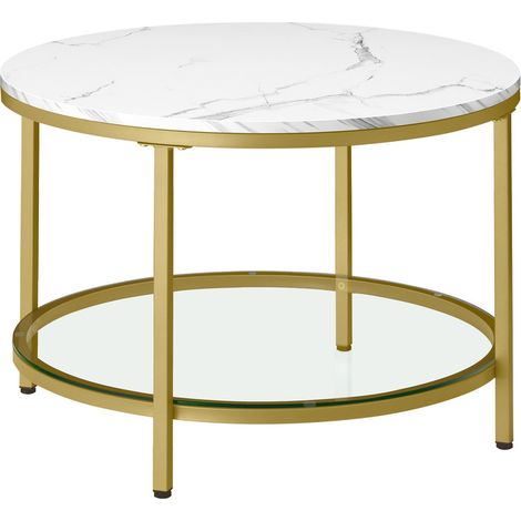 Vasagle – Table basse fixe blanche marbrée – Verre trempé et acier doré – Dimensions 65 x 46 cm – Facile à assembler avec étagère de rangement