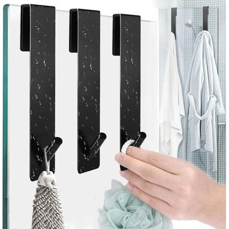 3 Pièces Crochet che Acier Inoxydable, Crochet de Porte en Verre avec Mousse Protection, Crochet che Sans Percage, Crochet che Salle Bain, Crochet che pour Verre Porte(Noir) (1/4)