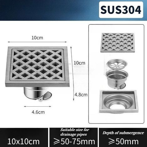 (10cm x10cm)304 thickened stainless steel floor drain 15x15CM outdoor large displacement floor drain, bathroom, garage, square floor drain (1/4)