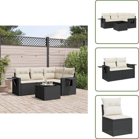 The Living Store Salon de jardin 5 pcs avec coussins noir résine tressée - Ensemble Salon De Jardin - Meuble De Jardin - Résine Tressée - Rotin Synthétique - Table Basse Pliable (1/5)