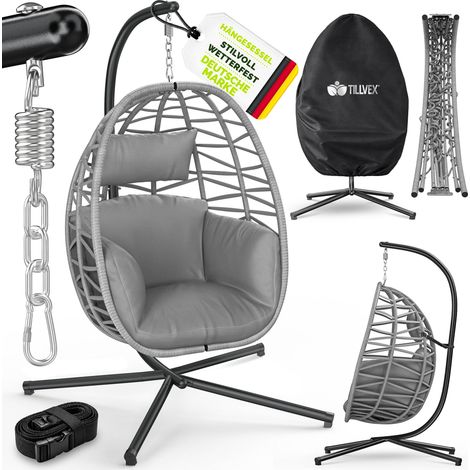 tillvex® Hängesessel mit Gestell Outdoor & wetterfester Abdeckung inkl. Befestigung Hängekorb klappbar bis 150 kg Hängesitz aus Rattan Hängestuhl für Indoor Garten Balkon Terrasse (1/5)