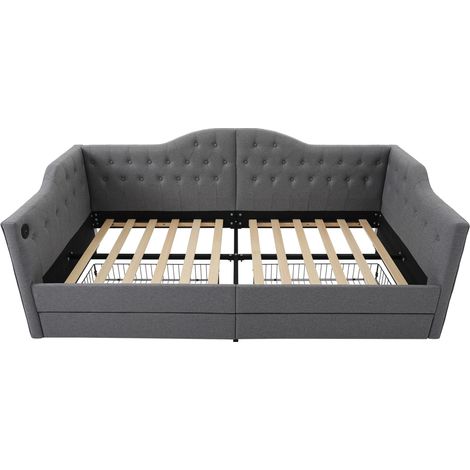 Polsterbett 90 x 200 cm grau in Leinenoptik mit 2 Schubladen und USB Typ C, ohne Matratze (1/5)