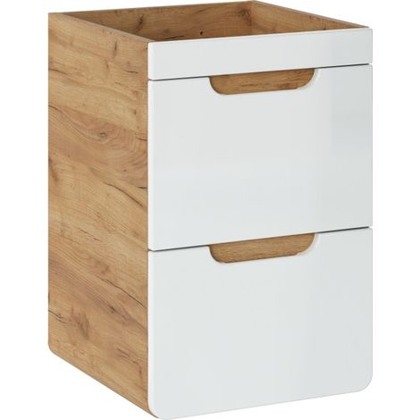 Möbelwaschtisch ERBANO – Helles Eichenholz und Hochglanzweiß – 40x59 cm – 2 Schubladen – Zum Aufhängen