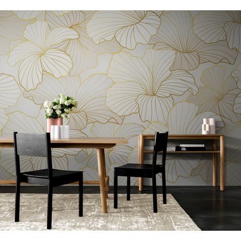 Papier Peint Floral - Fleurs Dorées Élégantes - 150 x 250 cm (1/2)