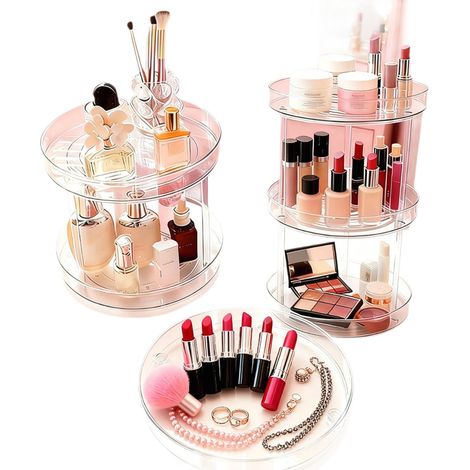 Étagère rotative de rangement cosmétique, structure 3 colonnes en plastique, organisateur chic pour coiffeuse et salle de bain (1/5)