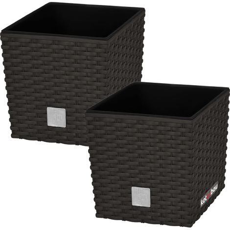 KOTARBAU® Kotarbau® Pot de Fleur Exterieur 22 x 22 cm - avec Insert Intérieur Lot de 2 - Pot Plastique Plante 9,8 L - Pot de Fleur Carré - Aspect Rotin - Umbra (1/5)