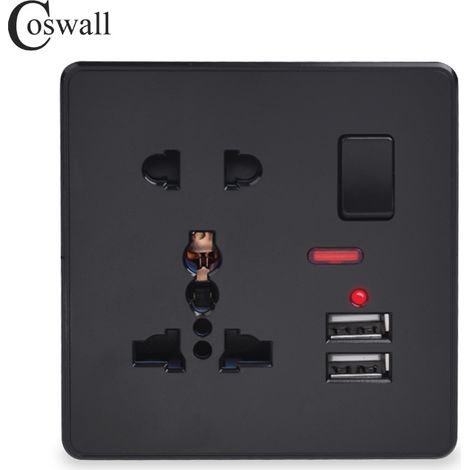 Electrical Single Switched 13 A Fast Charging Power Socket with Two USB Charging Ports, 2.1 A, 5 V, Square Edge, Black - A