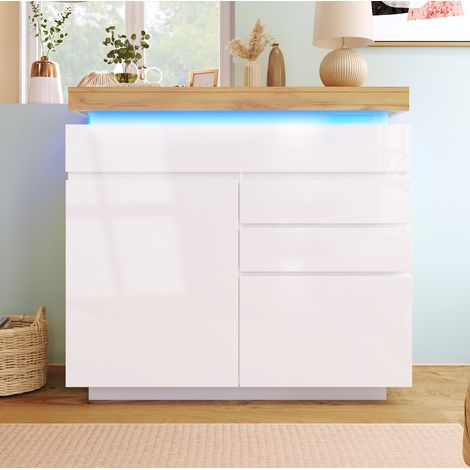 Credenza 110x39x115 cm bianca in truciolare e MDF lucido con LED, 2 ante e 3 cassetti (1/5)