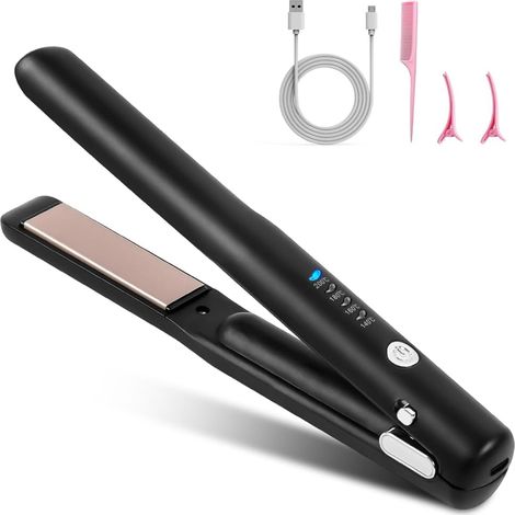 Lisseur et fer à boucler 2 en 1 sans fil, mini lisseur, 4 températures, rechargeable, idéal pour cheveux longs et courts, pour lisser, onduler et boucler vers l'intérieur. (1/5)