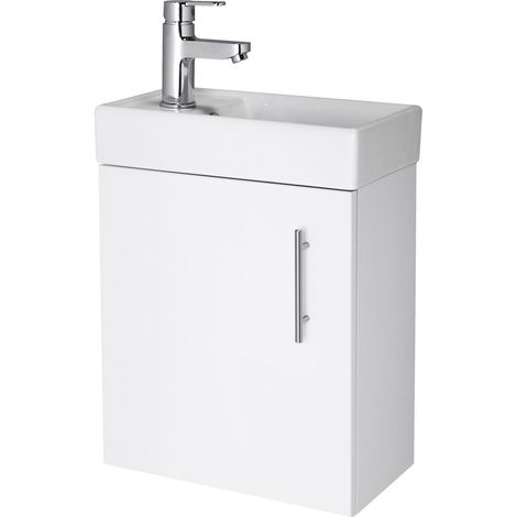Cloakroom Wall Hung 1 Door Vanity Unit with Basin, 400mm - Gloss White (1/5)