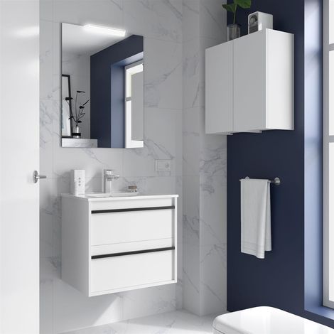 Ensemble complet ATTILA 800 2 tiroirs BLANC SATIN + meuble-lavabo + miroir + éclairage (1/2)