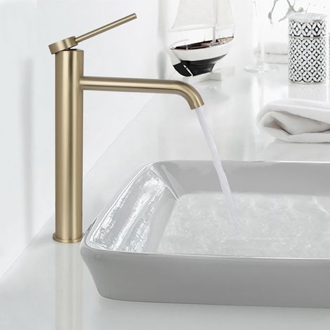 Robinet Salle de Bain Mitigeur Lavabo en Acier Inoxydable avec Bec Haut Robinet Lavabo Vasque Eau Chaude et Froide, Brosser or PTMP01LG (1/5)