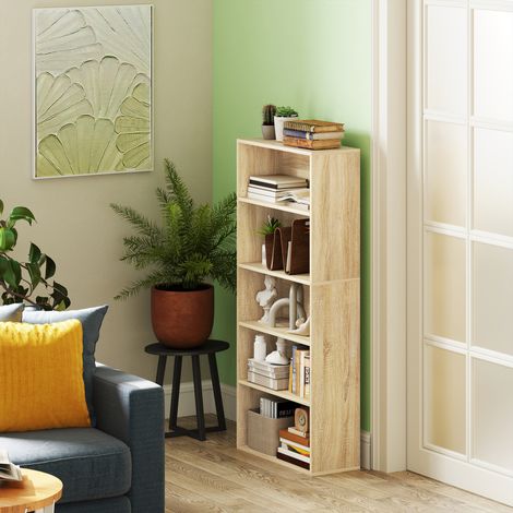 Étagère 5 niveaux avec tablettes réglables, 60x24x133,5cm, bois massif naturel, pour séjour, chambre ou bureau. (1/5)