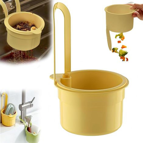 Filtro per lavello da cucina, filtro per alimenti rimovibile, raccoglitore di rifiuti alimentari con gancio, cestello di scarico, tagliere multifunzionale per lavaggio e scolo in cucina, giallo. (1/5)