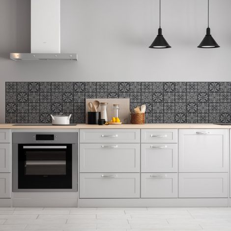 Lupia Pannello Paraschizzi Schienale Cucina con decorazione stampata, CERAMIC AZULEJOS GREY, in Alluminio composito, Facile da applicare, Lavabile Ignifugo Resistente all'Acqua 300xH62,5 cm (1/4)