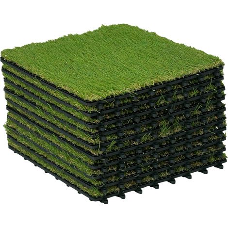 Set di 10 piastrelle di erba sintetica artificiale, 30 x 30 cm, spessore comfort 3,5 cm, ad incastro, colore verde.
