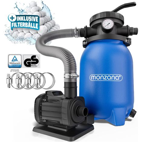 MONZANA® Sandfilteranlage MZPF180 5000 l/h bis 15.000L Pool mit Filterbällen 7 Wege Ventil 2in1 Adapter Ø32-38mm 180W Filteranlage Pumpe Filterkessel