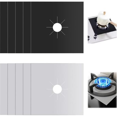 10 Pièces Tapis de Cuisinière à Gaziniere Gaz Réutilisables Protection Plaque Cuisson Gaz Couvre, Double épaisseur, Revêtement antiadhésif, pour Tous Types de Cuisinière à gaz(Noir + Argent) (1/5)