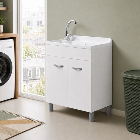 Mobile lavatoio 70x40 cm bianco opaco con vasca in abs con strofinatoio integrato e kit di scarico Medea (1/5)