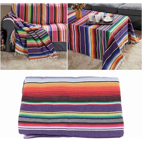 Couverture Mexicaine Table, polyvalente, 150 x 200 cm, coton, violet, rayures, idéal pour décoration de mariage mexicains (1/5)