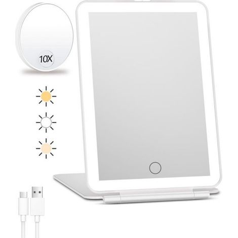 Miroir de maquillage de voyage rechargeable avec lumière, grossissement x10, miroir de maquillage portable avec 80 LED, batterie (1/5)