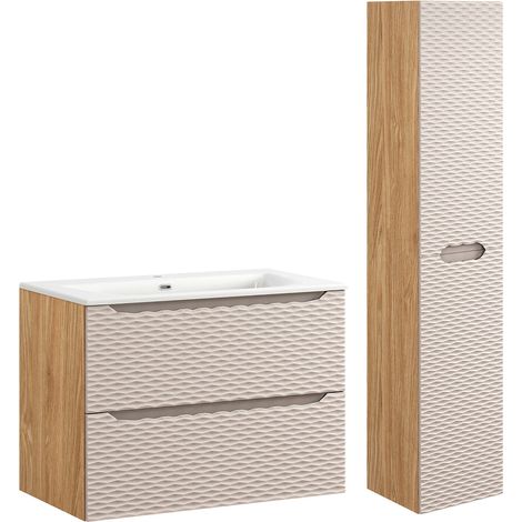 Ensemble meuble simple vasque encastrée 80cm et colonne Elora Beige et bois (1/5)