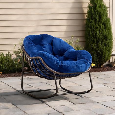 Fauteuil à bascule en rotin synthétique bleu marine avec coussin (1/5)