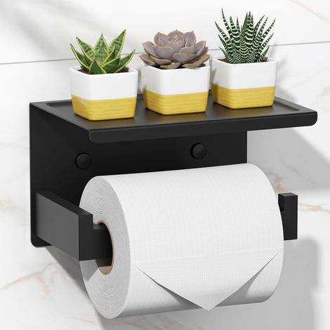 Porte Rouleau Papier Toilette Auto-adhésif avec Tablette Grand, Support Papier Toilette Mural pour Salle de Bain, Acier Inoxydable SUS 304, Derouleur WC sans Percage - Noir Mat (1/5)