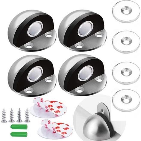 (Silber) Magnetischer Türstopper, selbstklebender Türstopper aus Edelstahl, inklusive Befestigungsschrauben und 3M-Klebeband, zum Schutz der Tür, 4 Stück (1/4)