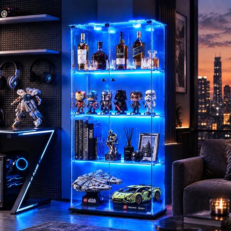 JOOKGBD-Glasvitrine,2 Tür vitrinenschrank 4 Regalen transparent, mit Schloss und LED,Sammlerstücke Glasvitrine,Bücherregal aus Glas,Vertikale Glasvitrine,für Wohnzimmer Schlafzimmer Büro,Schwarz