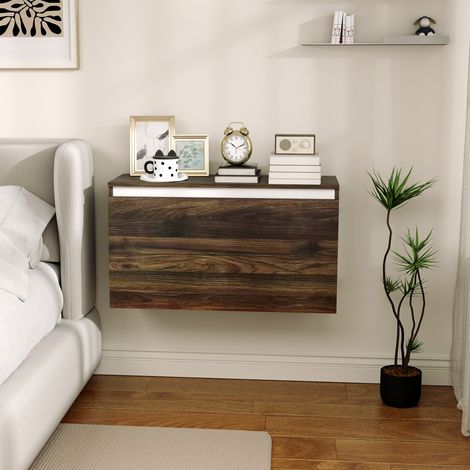 Tablette murale noyer avec tiroir, 80x30x45cm, kit de fixation fourni, design sans poignée (1/5)
