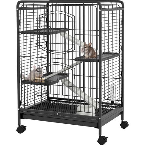 Cage pour rongeurs noire sur roulettes avec 3 plateformes et plateau amovible, 61,5x44x95 cm, habitat complet mobile facile