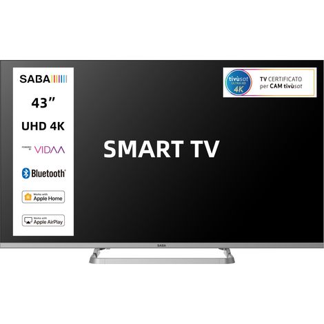 SABA SMART TV 43" FULL HD, Sistema operativo VIDAA, Triplo ter DVBT2/C/S2 HEVC MAIN10, Certificato TivuSAT, Piedistallo centrale, Dolby Audio