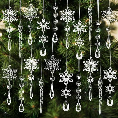 20 adornos navideños, adornos para el árbol de Navidad, copos de nieve acrílicos colgantes, carámbanos, adornos de cristal con colgadores, para la decoración navideña. (1/5)