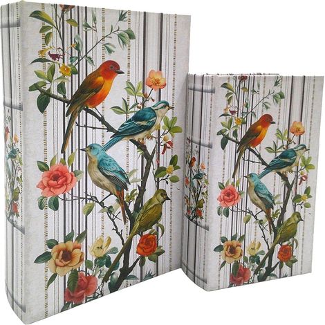 Lot de 2 boîtes livre avec oiseaux et fleurs blanc 27 cm (1/5)