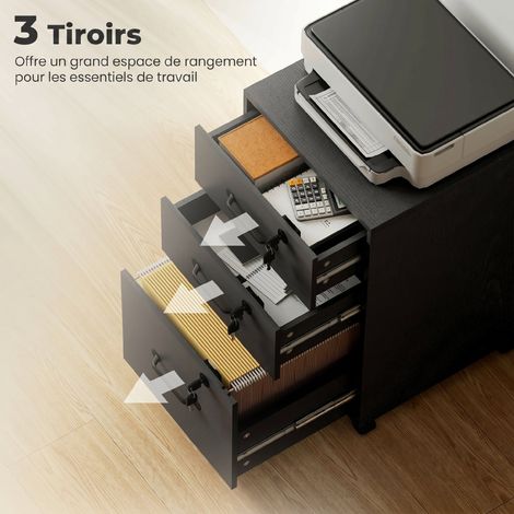 Caisson de Bureau Mobile avec 3 Tiroirs Verrouillables, Caisson de Rangement sur Roulettes, 40 x 40 x 69,5 cm, Noir (1/5)