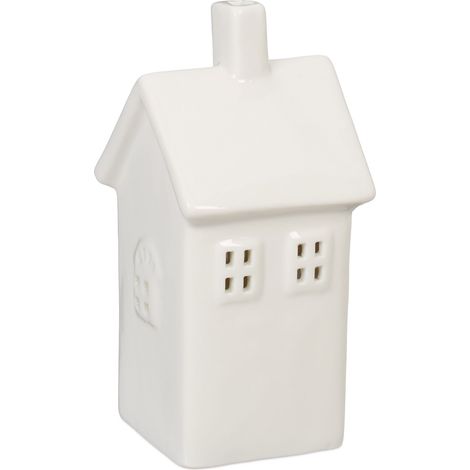 Relaxdays Casetta Portacandele in Ceramica, Casa Luminosa Porta-Tealight, per 1 Candelina, HLP 13,5 x 6,5 x 7 cm, Bianco