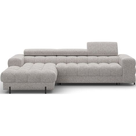Canapé d’angle convertible tissu appuis-tête réglables KATE – Coffre et pieds métal noir angle gauche-Gris clair chiné-angle gauche (1/5)